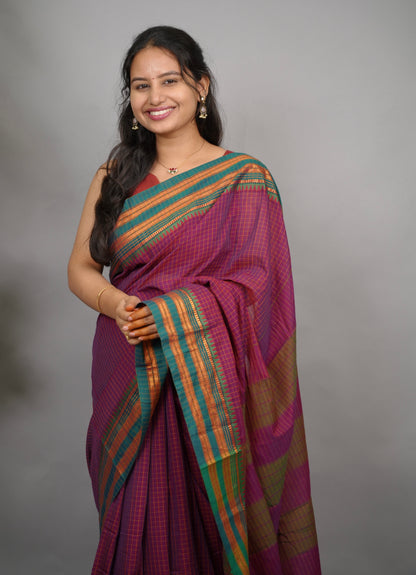 Magenta Checks Narayanpet Cotton Saree with Traditional contrast Border | Looms & Tassels