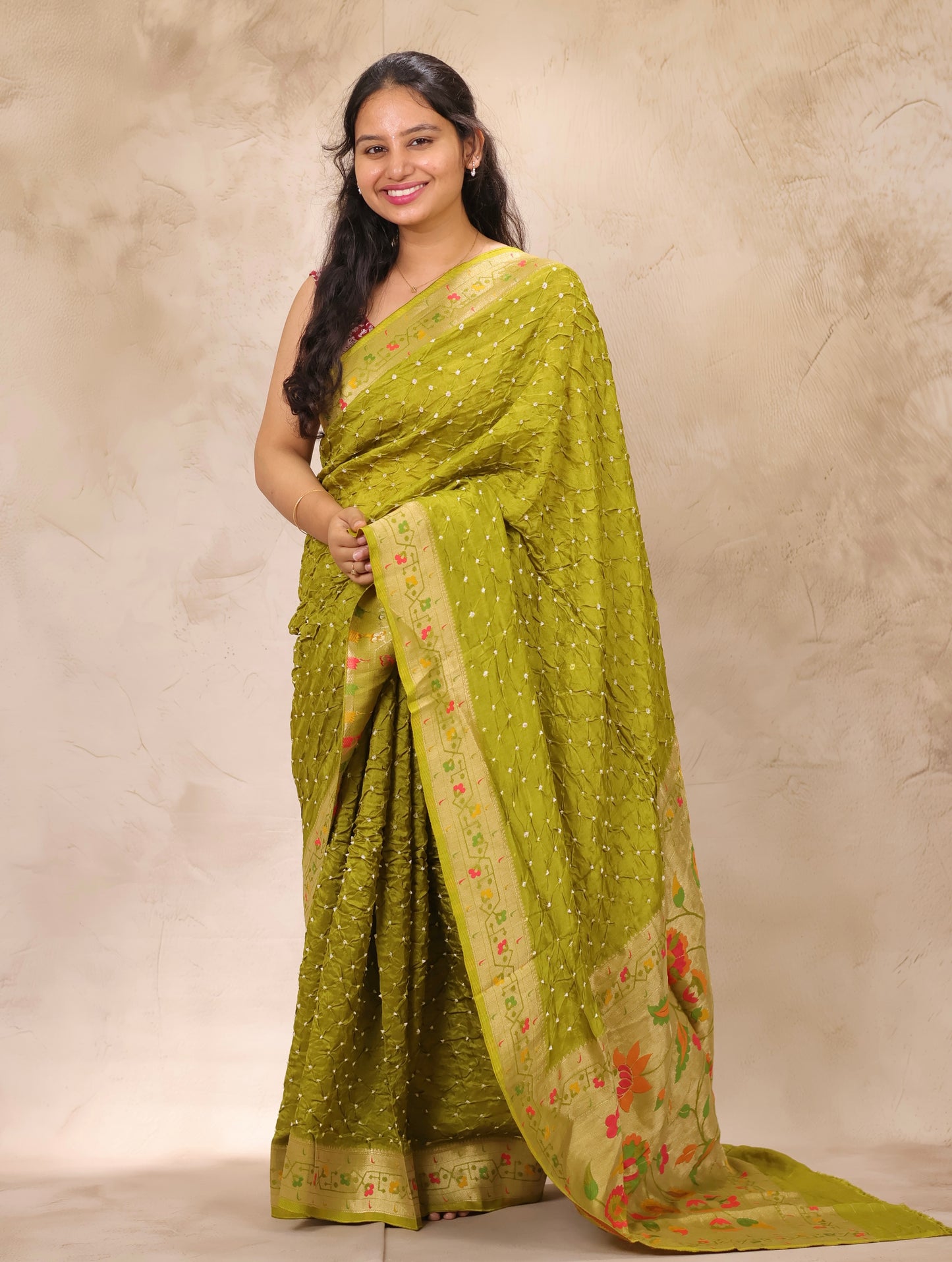 Olive Green Handcrafted Bandhani Paithani Dola Silk Saree | Looms & Tassels
