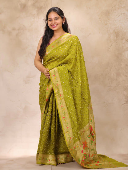 Olive Green Handcrafted Bandhani Paithani Dola Silk Saree | Looms & Tassels