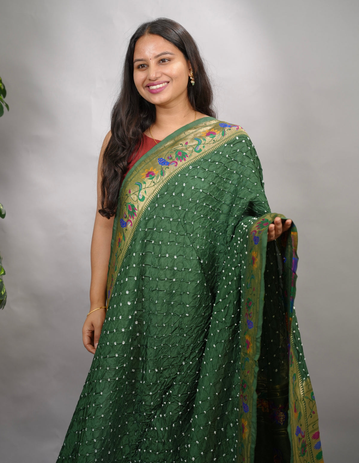 Green Handcrafted Bandhani Paithani Dola Silk Saree | Looms & Tassels