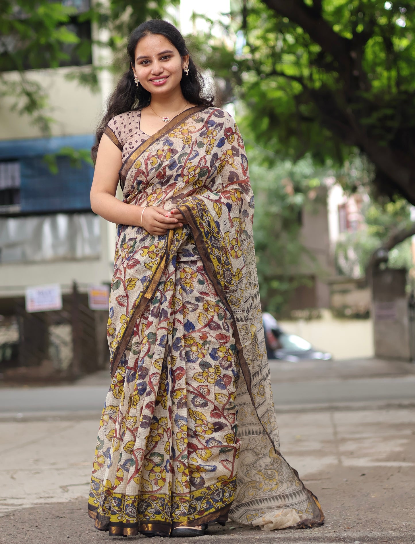 Cream Kalamkari printed Kota Doriya Saree
