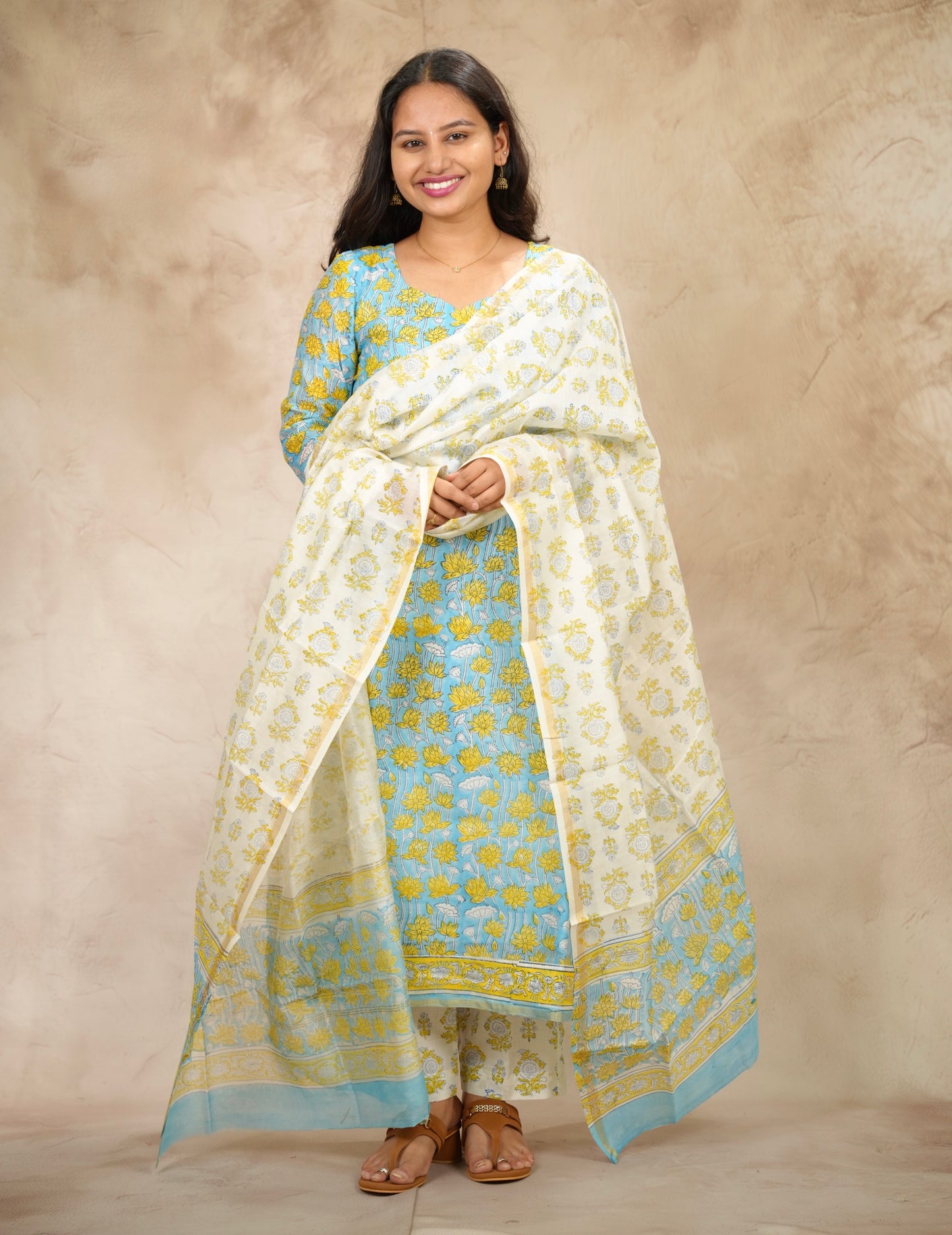 Powder Blue Handblock printed Pure Chenderi Silk 3 piece suit (stitched) |  Looms & Tassels