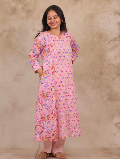 Pink Pure Mul Cotton Kali Kurta Set (Set of 2) | Looms & Tassels