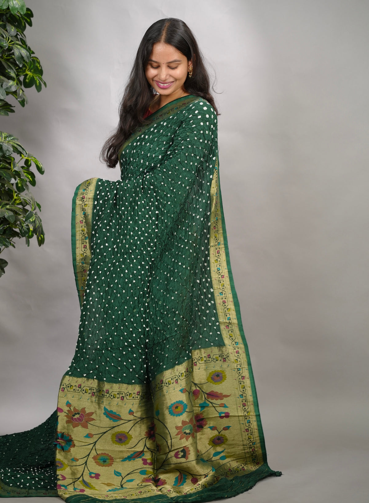 Green Handcrafted Bandhani Paithani Dola Silk Saree | Looms & Tassels