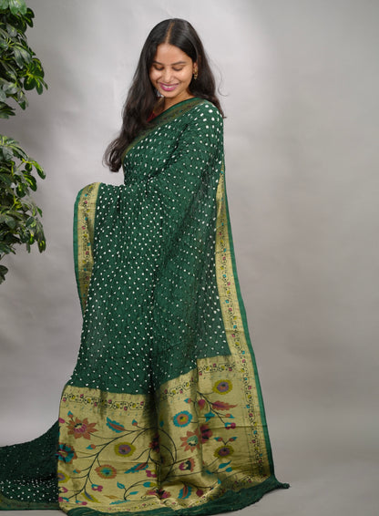 Green Handcrafted Bandhani Paithani Dola Silk Saree | Looms & Tassels