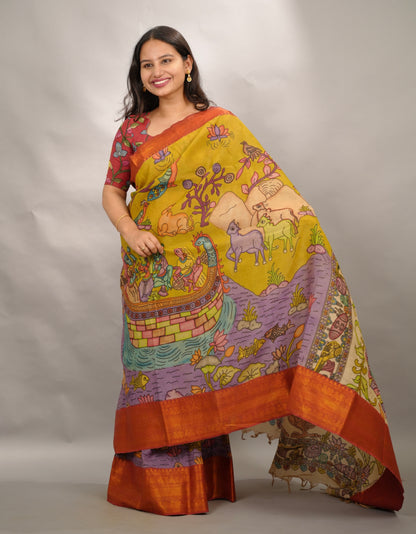 Yellow Hand Drawn Pen Kalamkari  Bangalore Silk Kanchi Border Saree | Looms & Tassels