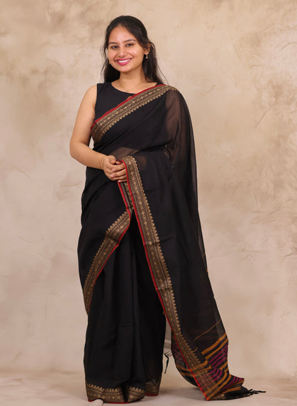 Black Narayanpet Cotton Saree | Looms & Tassels