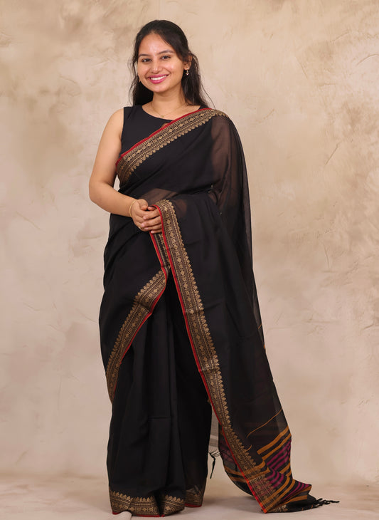 Black Narayanpet Cotton Saree | Looms & Tassels