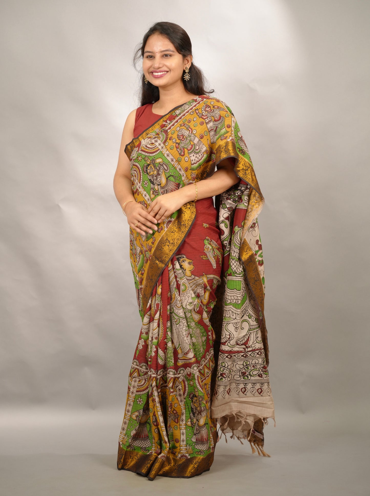 Red Kanchi border Kalamkari chennur silk saree
