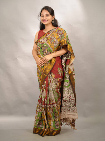 Red Kanchi border Kalamkari chennur silk saree