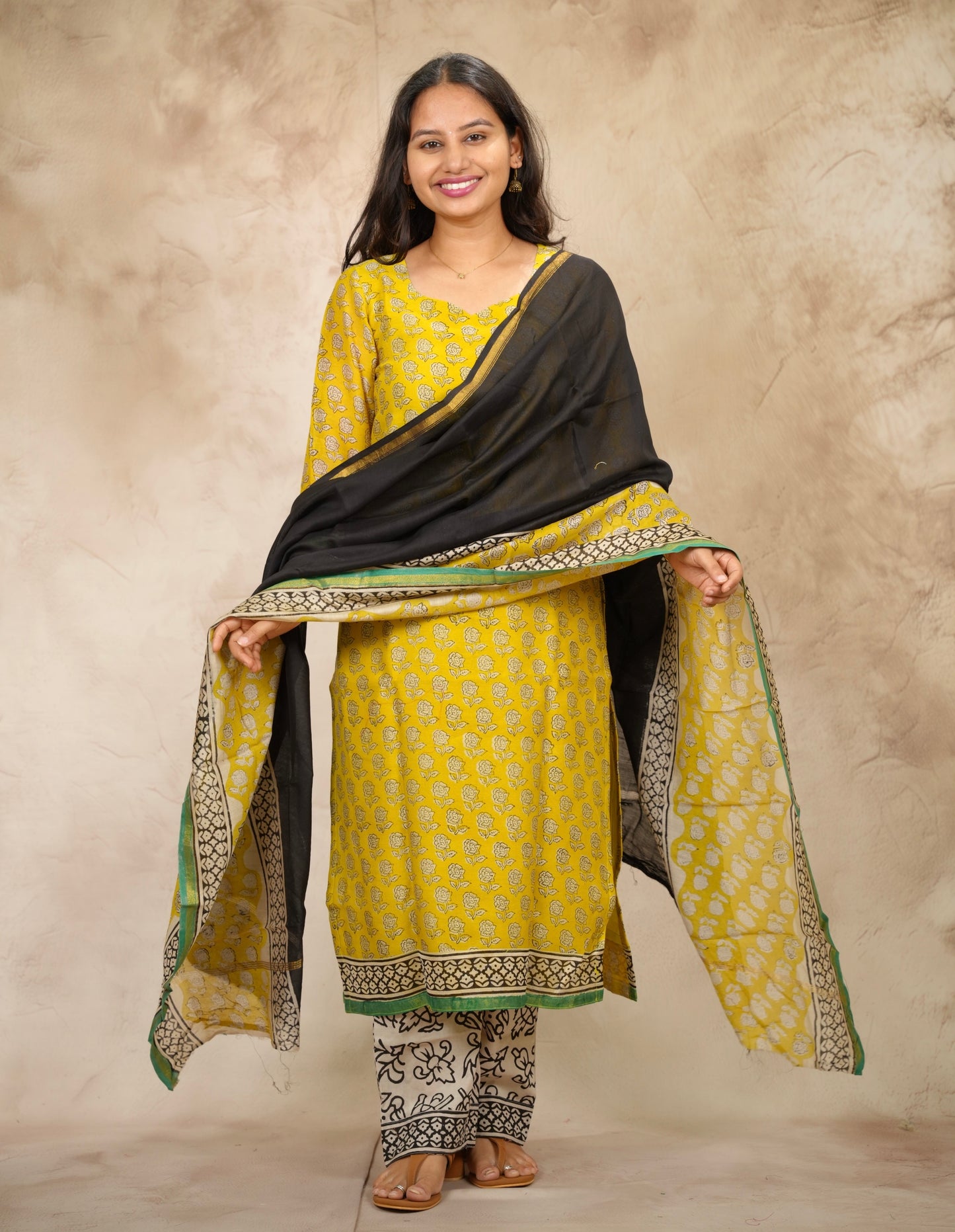 Yellow Handblock printed Pure Chenderi Silk 3 piece suit (stitched) |  Looms & Tassels