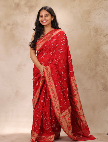Red Handcrafted Pattern Bandhani Paithani Dola Silk Saree | Looms & Tassels