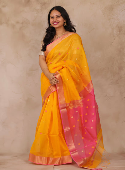 Yellow & Pink Handloom Maheswari Silk Cotton Sarees | Looms & Tassels