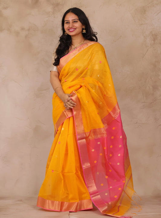 Yellow & Pink Handloom Maheswari Silk Cotton Sarees | Looms & Tassels