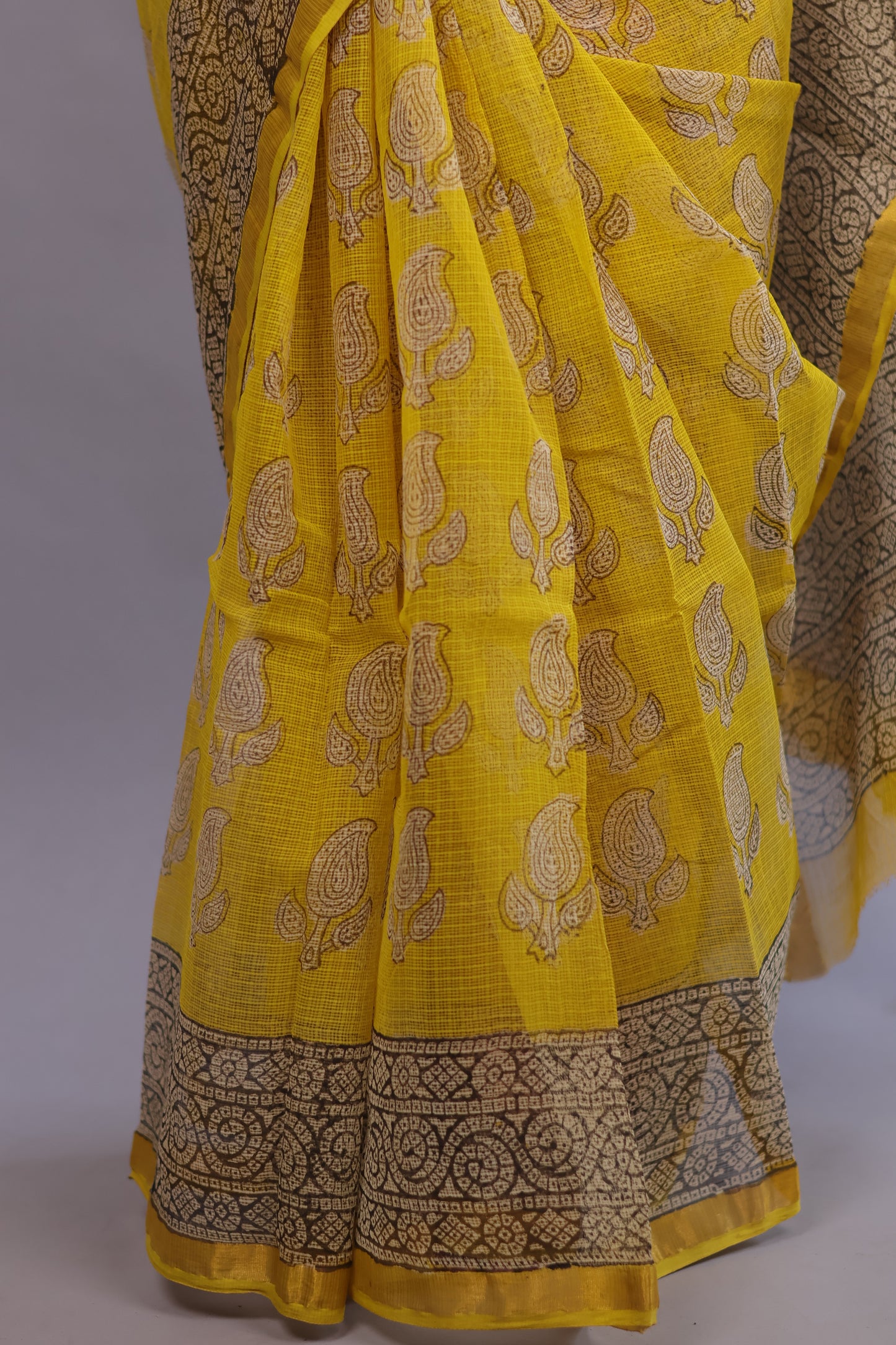 Pure Kota Doria Saree with Bagru Handblock Prints –Yellow | Looms&Tassels