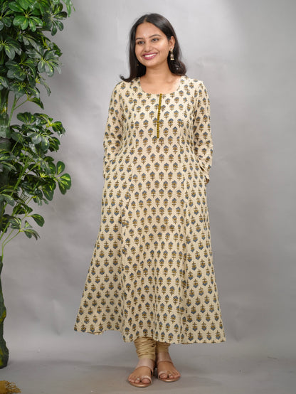 Cream Ajrakh Cotton Kali Kurta | Looms & Tassels