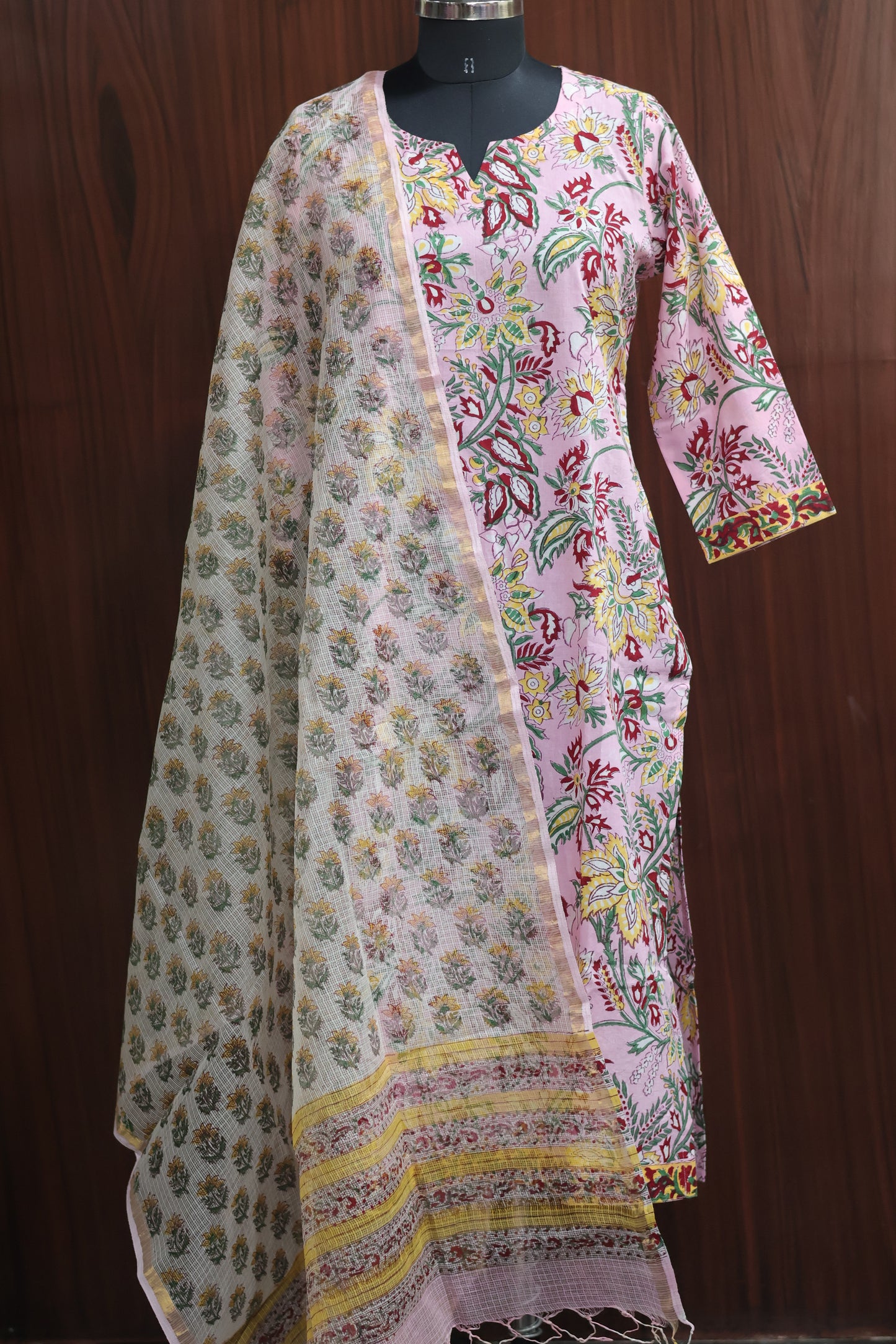 Pink Handblock printed Pure Mul Cotton with Kota Doria Duppata 3 piece suit (stitched)