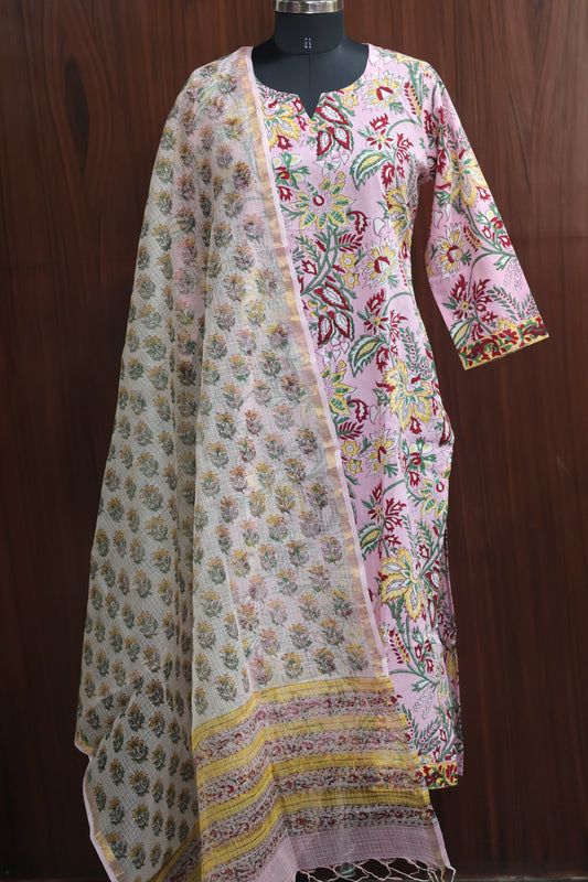 Pink Handblock printed Pure Mul Cotton with Kota Doria Duppata 3 piece suit (stitched)