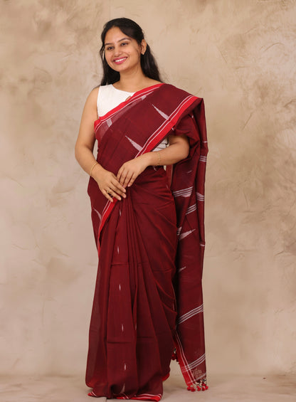 Maroon Handwoven Malai Cotton Saree| Looms & Tassels