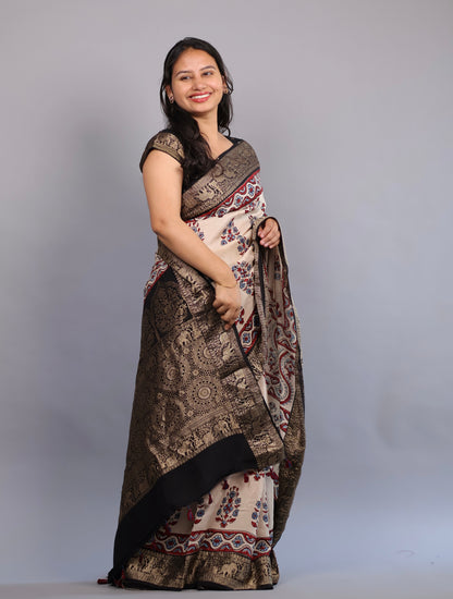 Cream Flower Butta Ajrakh Handblock printed Dola Silk Saree | Looms & Tassels