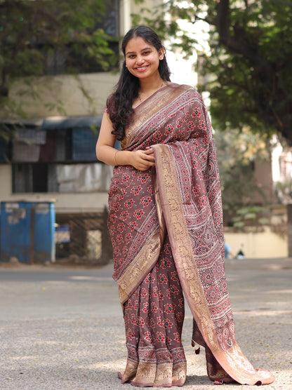 Lotus Butta Authentic Ajrakh Handblock Printed Dola Silk Saree | Looms & Tassels