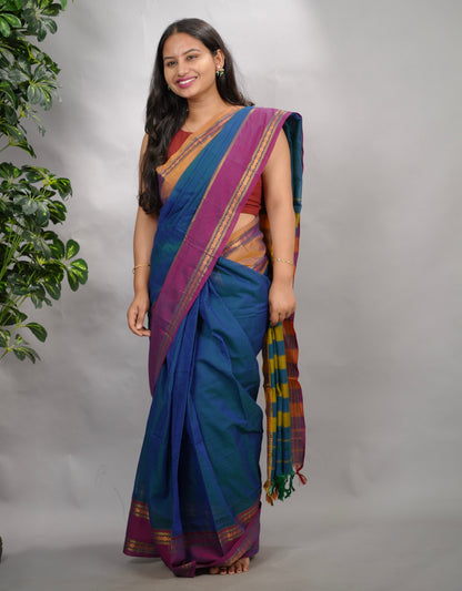 Peacock Blue Narayanpet Cotton Saree With Ganga And Jamuna Border | Looms & Tassels