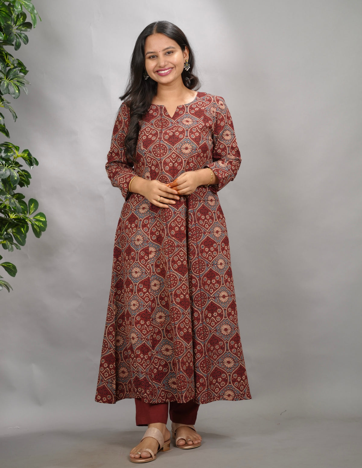Maroon Ajrakh Cotton Kali Kurta | Looms & Tassels