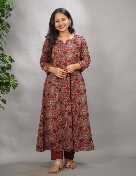 Maroon Ajrakh Cotton Kali Kurta | Looms & Tassels