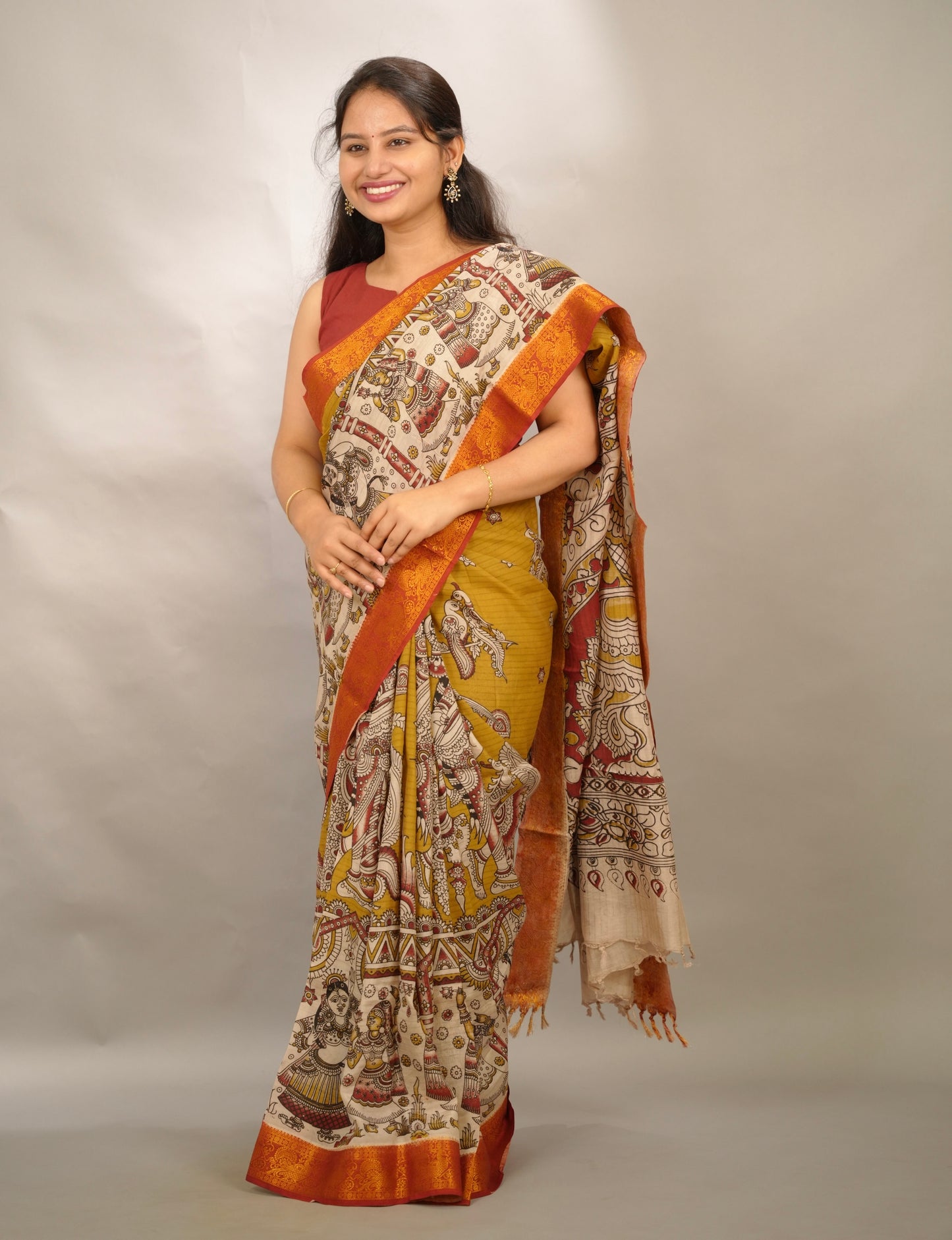 Mustard Kanchi border Kalamkari Chennur Silk Saree | Looms & Tassels