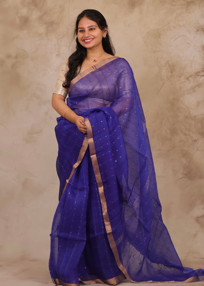 Blue Handwoven Muslin Silk Saree With Sequence Work | Looms & Tassels