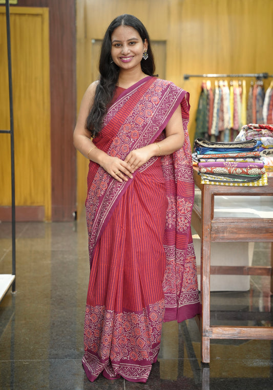Maroon Bagru Handblock printed MulMul cotton saree | Looms & Tassels
