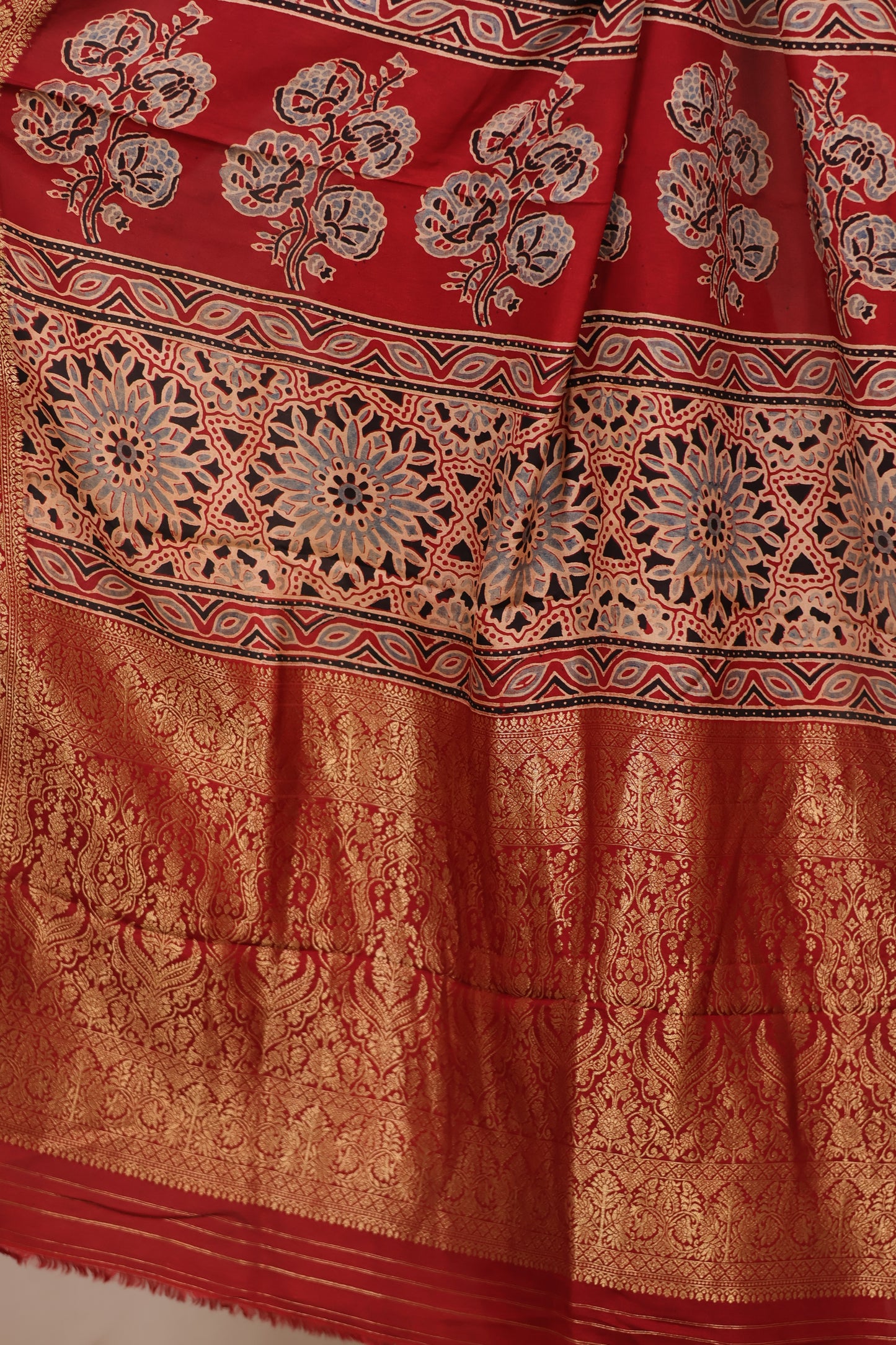Black Ajrakh Handblock printed Dola Silk Saree | Looms & Tassels