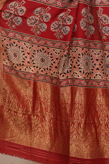 Black Ajrakh Handblock printed Dola Silk Saree | Looms & Tassels
