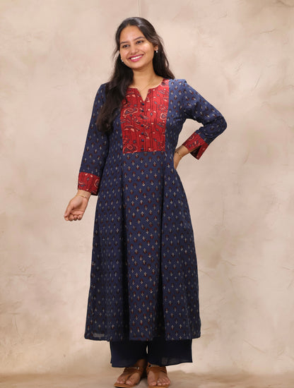 Indigo Patch Work Ajrakh Handblock Printed Kali Kurti (Pure Mul Cotton ) | Looms & Tassels