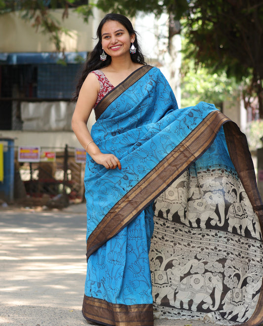 Blue Dyeing Outline kalamkari silk saree