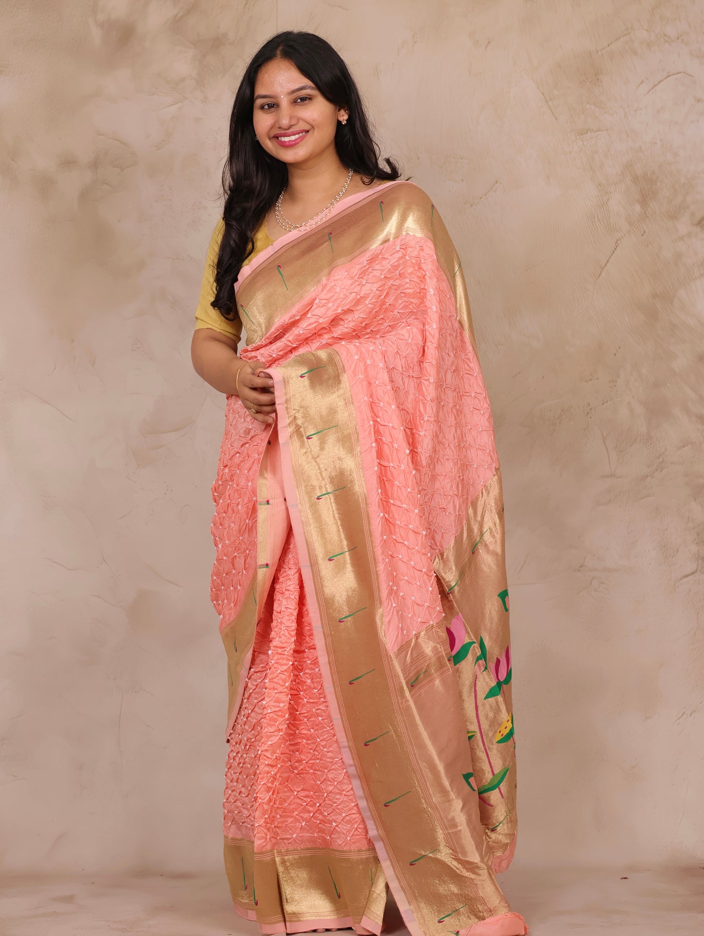 Pastel Handcrafted Bandhani Paithani Dola Silk Saree | Looms & Tassels