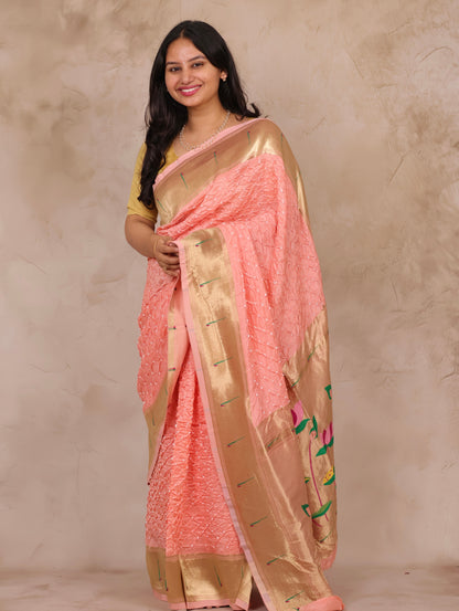 Pastel Handcrafted Bandhani Paithani Dola Silk Saree | Looms & Tassels