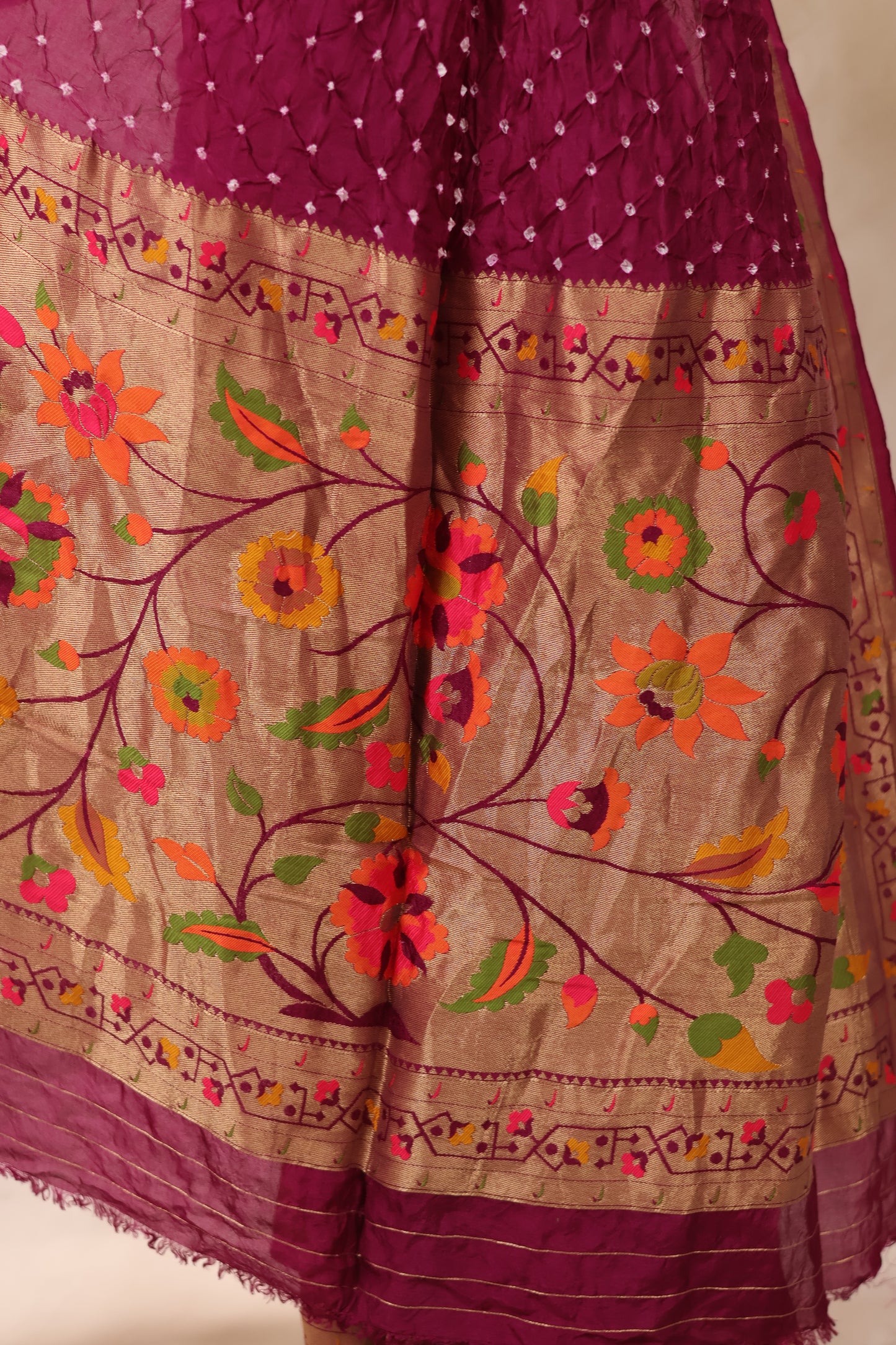 Magenta Handcrafted Bandhani Paithani Dola Silk Saree | Looms & Tassels