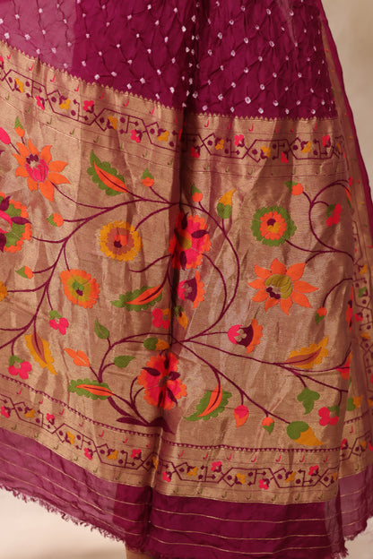 Magenta Handcrafted Bandhani Paithani Dola Silk Saree | Looms & Tassels