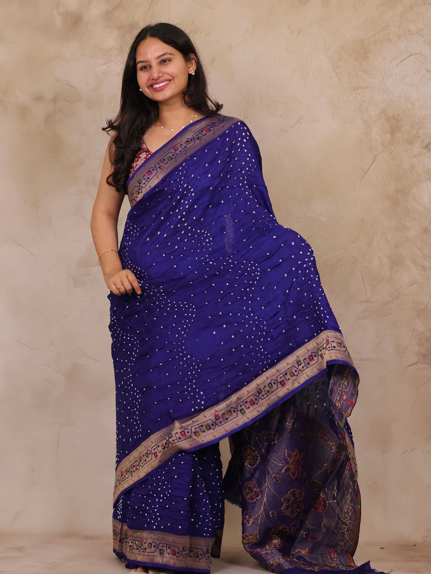 Blue Handcrafted Pattern Bandhani Paithani Dola Silk Saree | Looms & Tassels