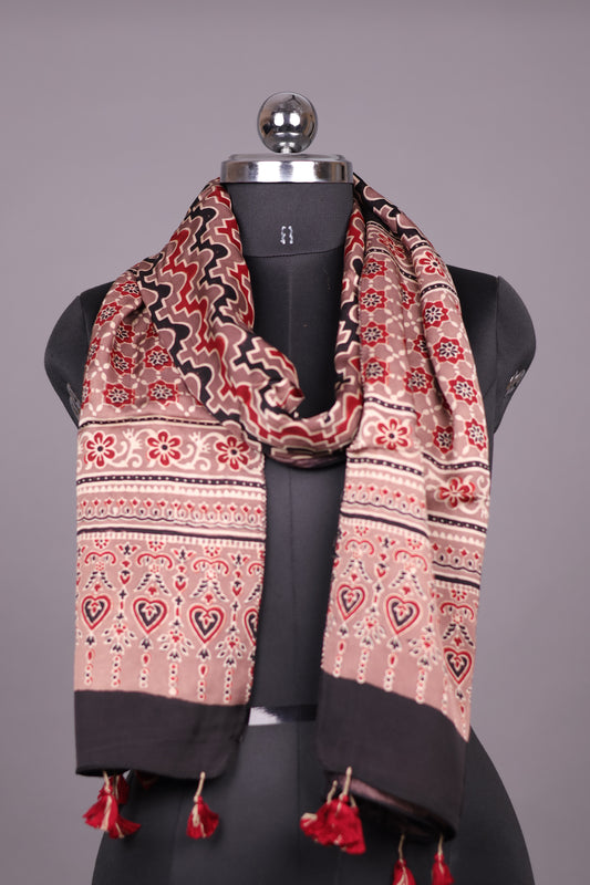 Ajrakh Hand Block Printed Modal Silk Stole | Looms & Tassels