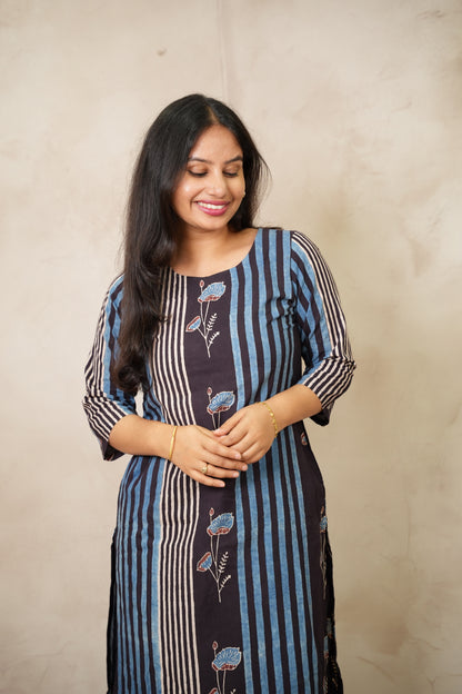 Blue & Black Ajrakh Pattern Hand Block printed Kurti | Looms & Tassels