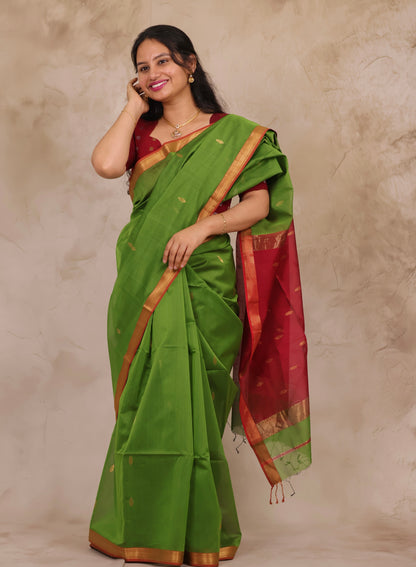 Green & Red Handloom Maheswari Silk Cotton Sarees | Looms & Tassels
