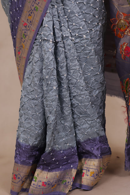 Blue & Grey Handcrafted Bandhani Paithani Dola Silk Saree | Looms & Tassels