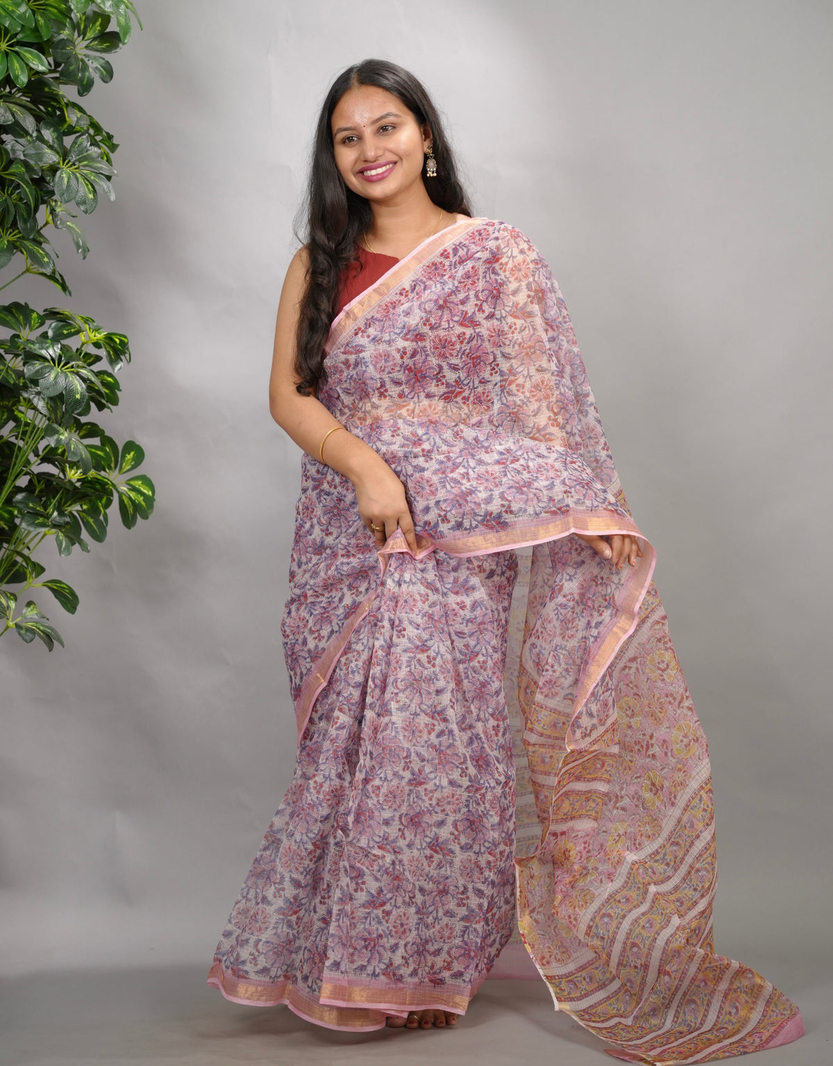 White & Lavender Pure Kota Doria Saree with Bagru Handblock Prints