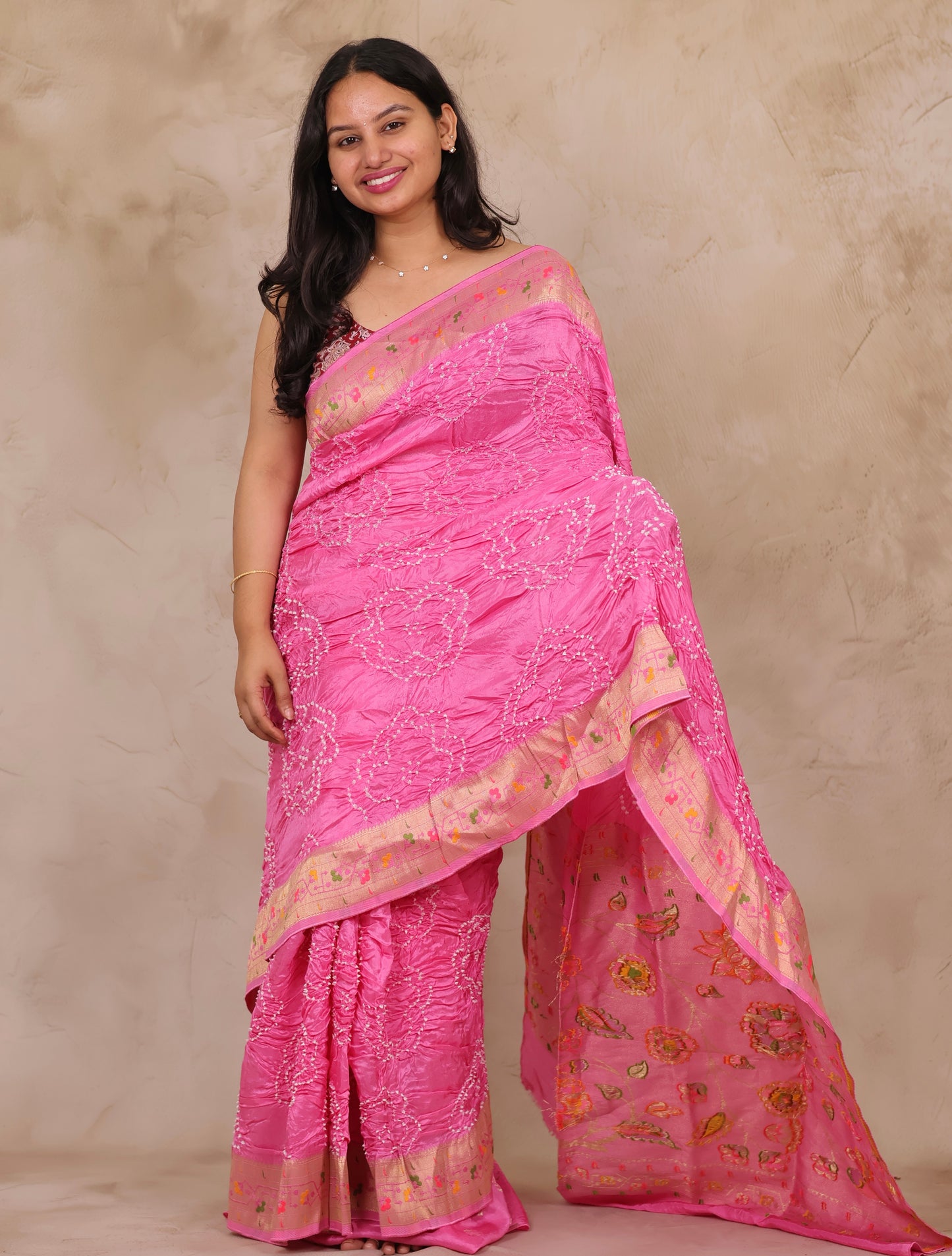 Pink Handcrafted Pattern Bandhani Paithani Dola Silk Saree | Looms & Tassels