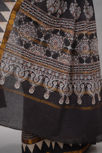 Black Ajrakh Hand Block Printed Sungudi Cotton Saree | Looms & Tassels