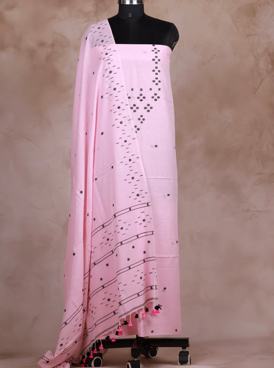 Pastel Pink Handwoven Jamdhani weaving pure Malai cotton 2 piece suit sets | Looms & Tassels