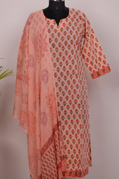 Peach Handblock printed Pure Mul Cotton with Chiffon Duppata 3 piece suit (stitched)