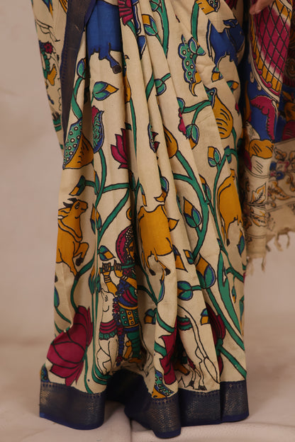 Cream Pichwai Design Kalamkari Nizam Border Chennur Silk Saree | Looms & Tassels
